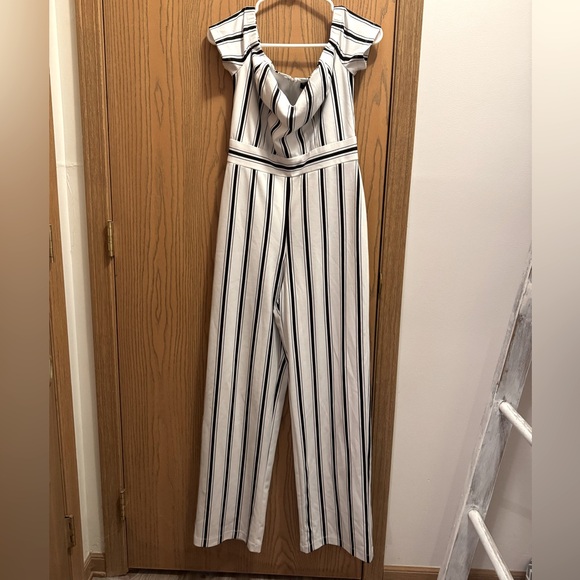 Teeze Me Black and White Striped Jumpsuit - Picture 1 of 5
